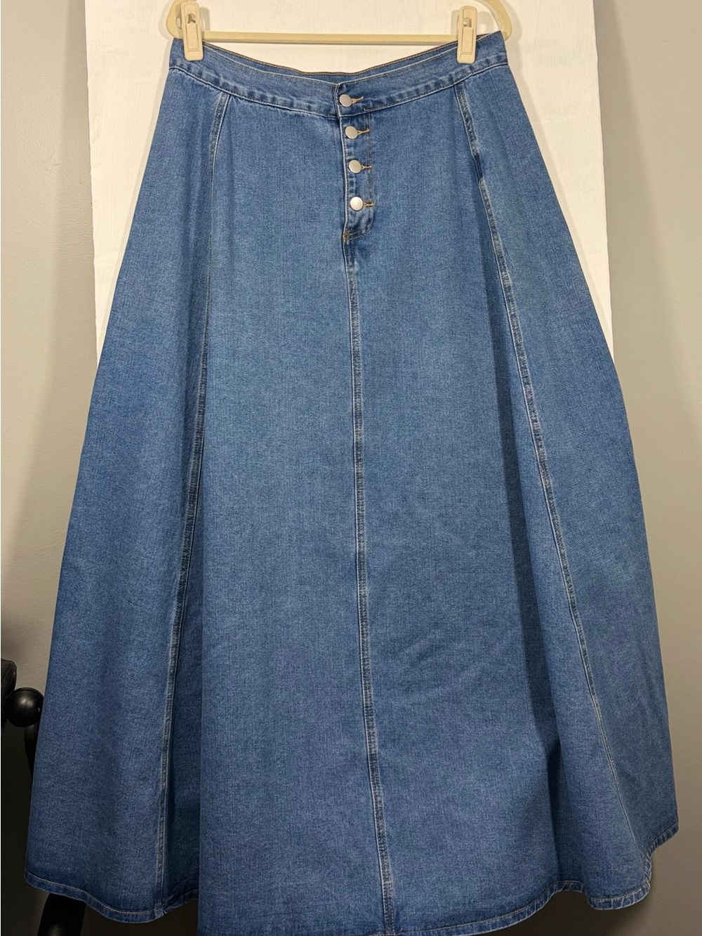 SHEIN Blue Denim Full A-Line Midi Skirt with Front Buttons